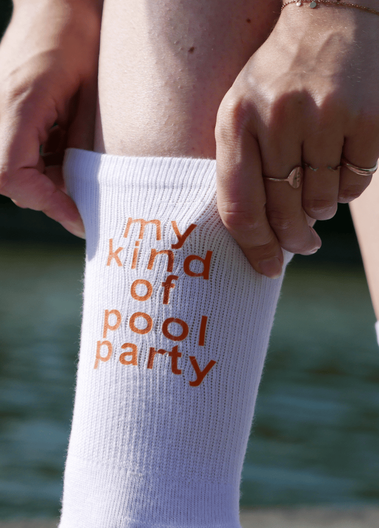 My kind of pool party white/red socks